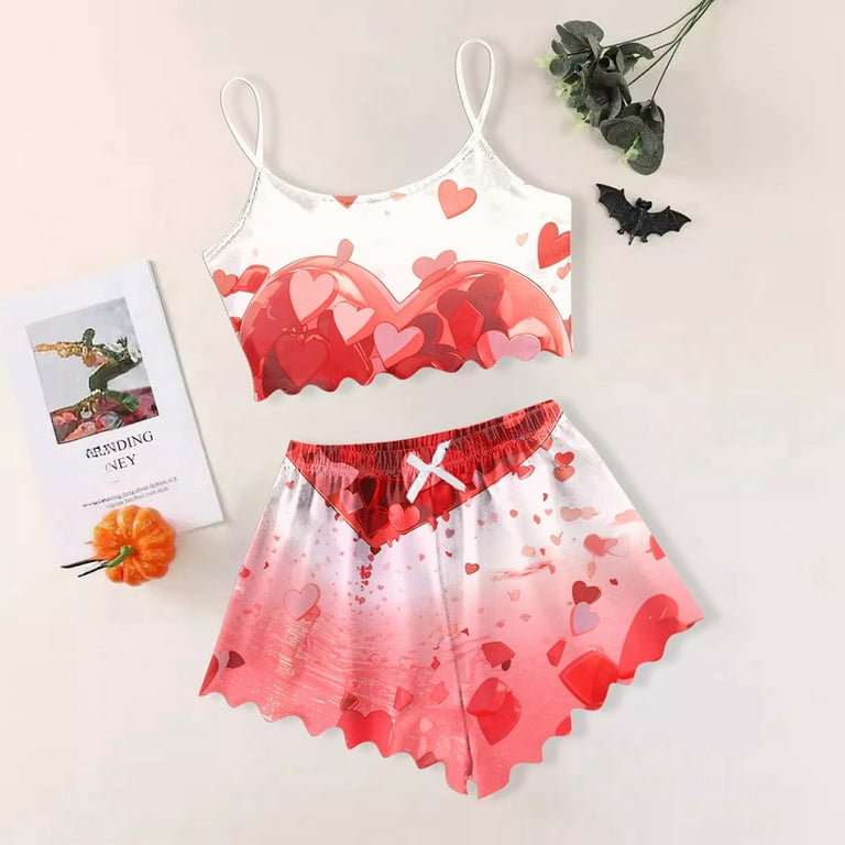 XINXIAOO Women's Heart Print Casual Pajama Shorts Set Top And
