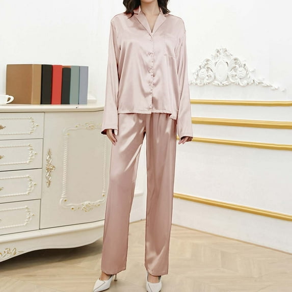 XINXIAOO Women's Pajama Set Silk Pajama Set 2 Piece Satin Pajama Long Sleeve Button Down Casual Suit With Pants Ladies Pajama Set Silk Pajamas for Women Long Silk Pajama Shorts Pajamas Flannel Women