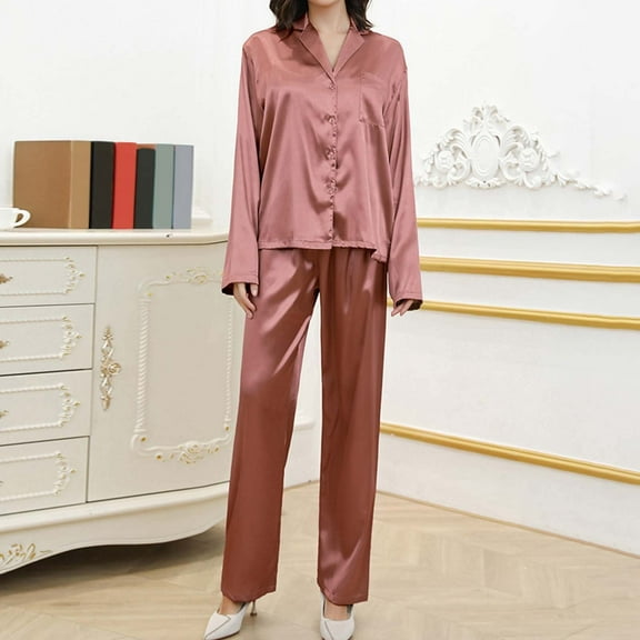 XINXIAOO Women's Pajama Set Silk Pajama Set 2 Piece Satin Pajama Long Sleeve Button Down Casual Suit With Pants Ladies Pajama Set Silk Pajamas for Women Long Silk Pajama Shorts Pajamas Flannel Women