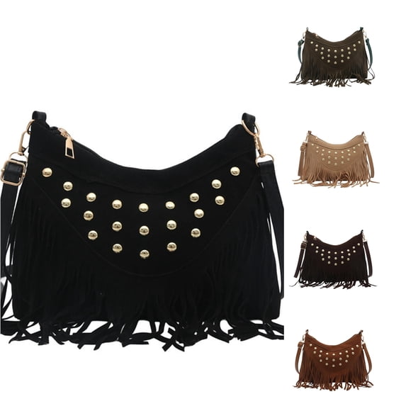 XINXIAOO Women's Retro Messenger Bag with Fringe & Studs, Casual Crossbody Shoulder Purse for Daily Use