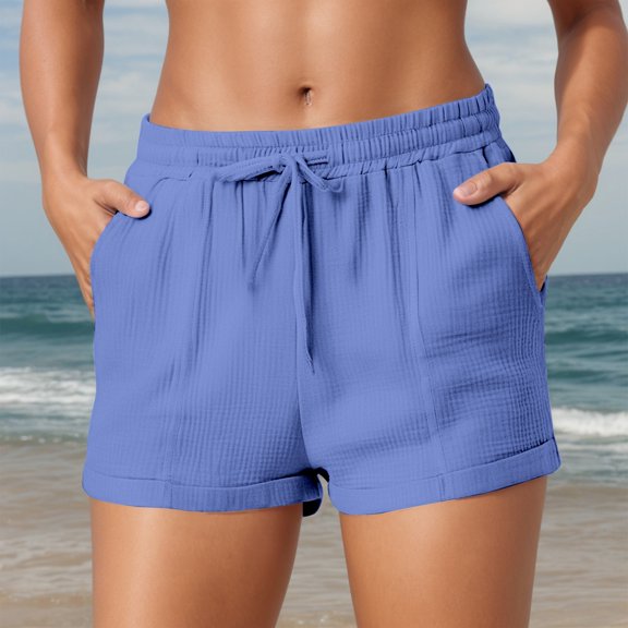 XINXIAOO Women's Solid Color Casual Drawstring Pocket Shorts Stylish Plain Weave Beach Shorts Chambray Shorts Women Short Sleeve Button down Shirt Women Womens Long Jean Shorts Sleeping Shorts for