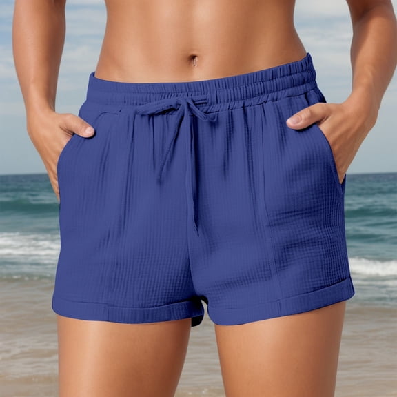 XINXIAOO Women's Solid Color Casual Drawstring Pocket Shorts Stylish Plain Weave Beach Shorts Chambray Shorts Women Short Sleeve Button down Shirt Women Womens Long Jean Shorts Sleeping Shorts for