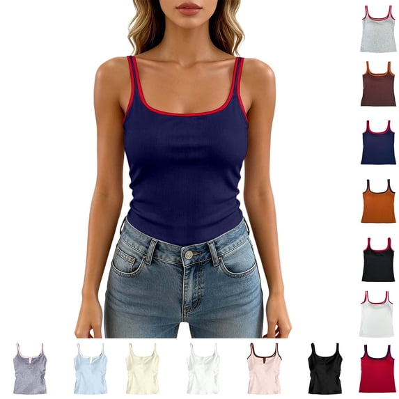 XINXIAOO Women's Square Neck Sleeveless Tank Top Strappy Contrast Casual Summer Camisole, One Size