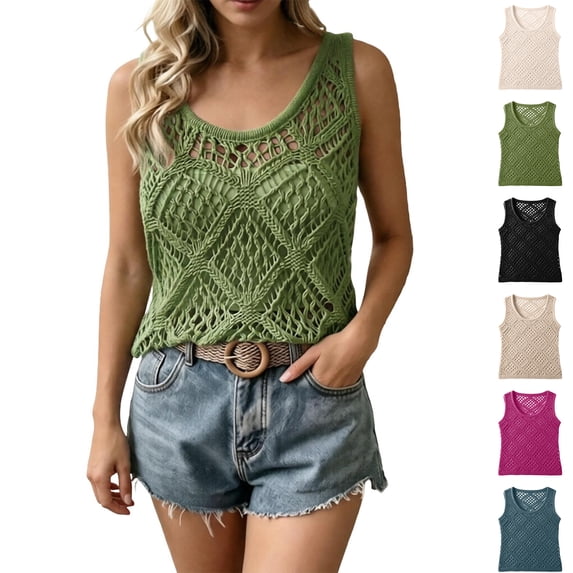 XINXIAOO Women's Summer Crochet Tank Tops Knit Sleeveless Scoop Neck Sweater Vest Boho Hollow Out Cover Ups, Size M