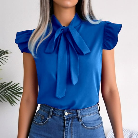 XINXIAOO Women's Summer Solid Color Ruffle Collar Bow Short Sleeve Shirt Women's Casual Shirts Tees Women Women's Athletic Tops Woman Long Sleeved Shirts Women Running T Shirt