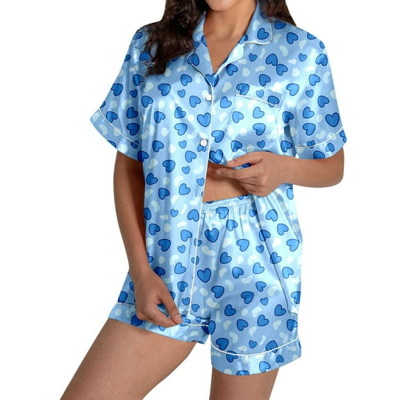 XINXIAOO Women's Two Piece Outfits For Women Short Sleeve V Neck Shorts Set Pajama Set for Family Woman Pajama Silk Pajama Shorts for Women Womens Pajama Set Size Large Matching Family Pajamas Pajama