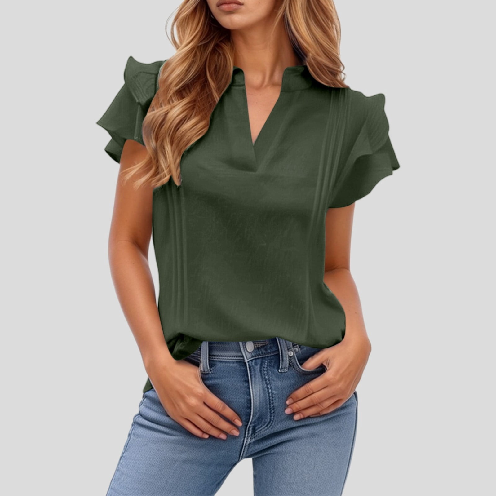XINXIAOO Women's V Neck Casual Double Layer Ruffled Sleeve Solid Top ...