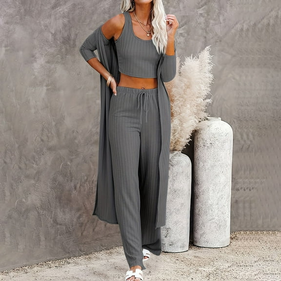 XINXIAOO Womens 3 Piece Sets Pajamas Knit Long Sleeve Cardigan Crop Top Wide Leg Pants Loungewear Set Bridal Party Pajamas Short Pajamas Silk Pajamas for Teen Girls Women's Pajama Shorts Pajamas for