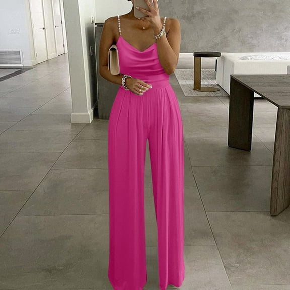 XINXIAOO Womens Casual Solid Color Two Pearl Strap Sweetheart V Neck High Waist Tube Jumpsuit Pants Summer Dressy Rompers Jumpsuit One Shoulder Jumpsuit for Women Body Shirts Women Clothes Jumpsuits