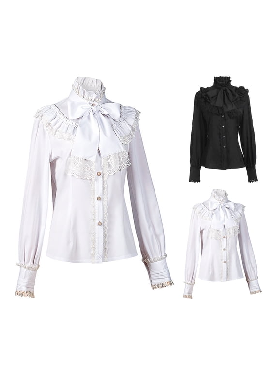 Womens Victorian Blouse Women's Gothic Shirt Retro Long Sleeved Ruffled Top Shirt High Neck Tops for Women