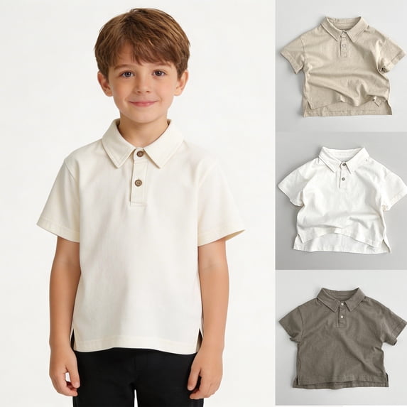 XINXIAOO Youth Polo Shirts for Kids Daily Short Sleeve Beige Button down Shirts Classic School Uniform Casual Tops Shirts for Kids 5-6 Years