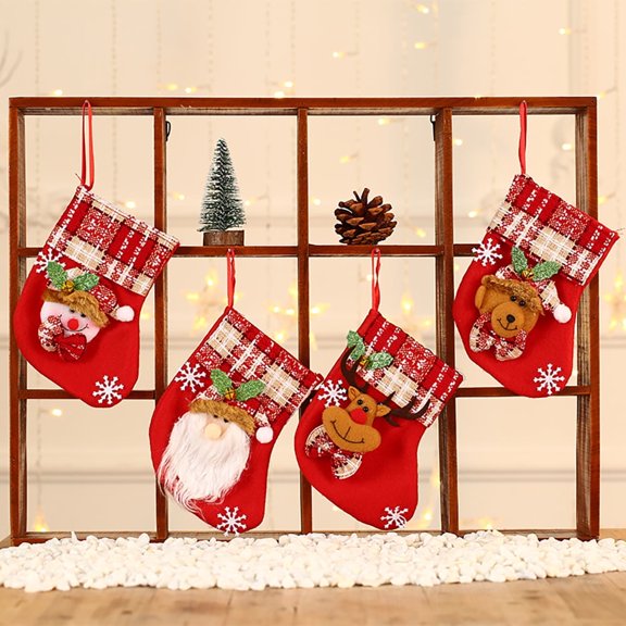 XINYU 4 Pack Christmas Cute Gift Stockings,Xmas Stocking Set with Christmas Santa Snowman Reindeer Bear for Fireplace Decoration Gift & Candy Pouch Bag Ornaments