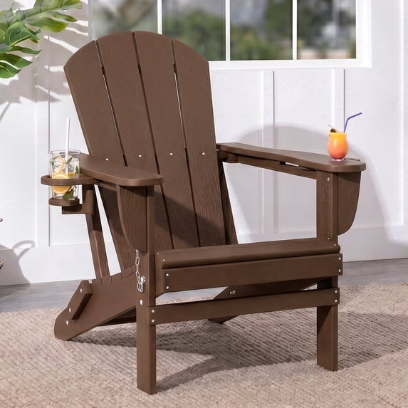 XINYU Folding Adirondack Chair, All-Weather HDPE Outdoor Chairs with Cup Holders, Patio Chairs Outdoor for Backyard,Pool & Fire Pit,Brown