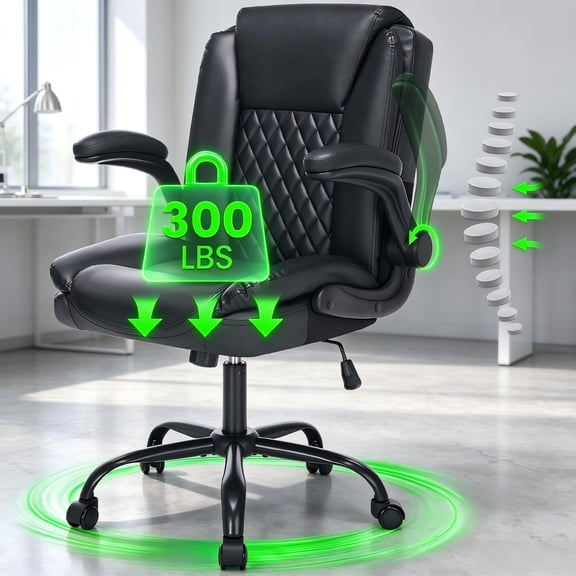 XINYU Leather Office Chair, Wide Seat Computer Desk Chair, 300 lbs Mid-Back Executive Chair with Lumbar Back Support, Swivel Casters,Black