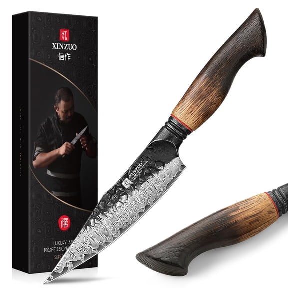 XINZUO 5.6 inch Paring Petty Knife,High Carbon 67 Layers Damascus Steel Fruit and Vegetable Small Kitchen Utility Knife,Burnt Wood Handle