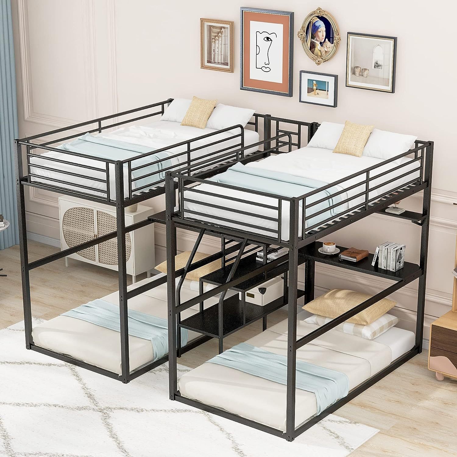 XINiHoXe Double Over Bunk Bed, Metal Loft Bed Frame with Desk, Shelves