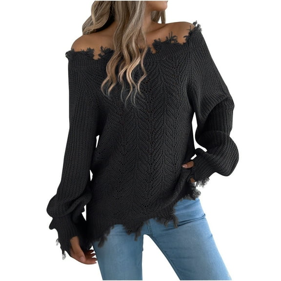 XIOACHA Womens Sweaters Winter Autumn Off-Shoulder Ripped Detail Style Pullover Sweater Casual Solid Color Cutout Design Long Sleeve Loose Comfortable Warm Top
