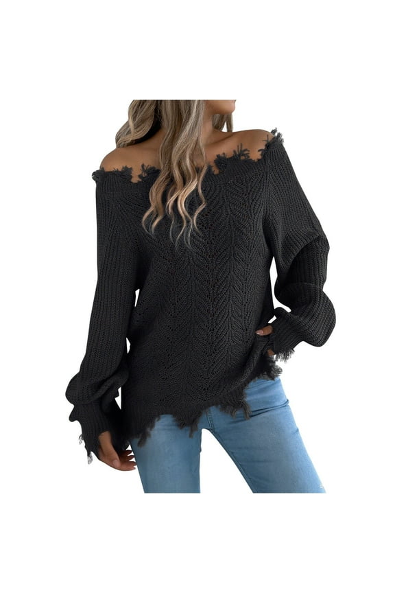 XIOACHA Womens Sweaters Winter Autumn Off-Shoulder Ripped Detail Style Pullover Sweater Casual Solid Color Cutout Design Long Sleeve Loose Comfortable Warm Top