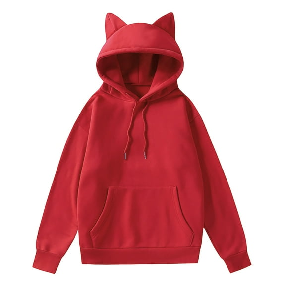 XIOANU Hoodies For Women Cat Ears Drawstring Hooded Sweatshirt Pure Color Long Sleeve Fleece Pleasure Hoodie Streetwear