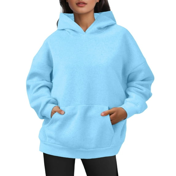 XIOANU Hoodies For Women Oversized Pocket Long Sleeve Hooded Sweatshirt Solid Color Drop Shoulder Baggy Pullover Hoodie