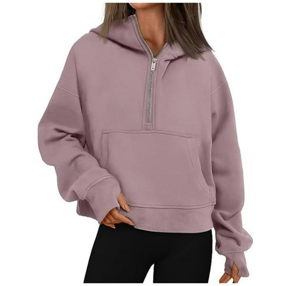 XIOANU Womens Hoodies Half Zip Long Sleeve Baggy Hooded Sweatshirt Solid Color Long Sleeve Pleasure Pocket Hoodie