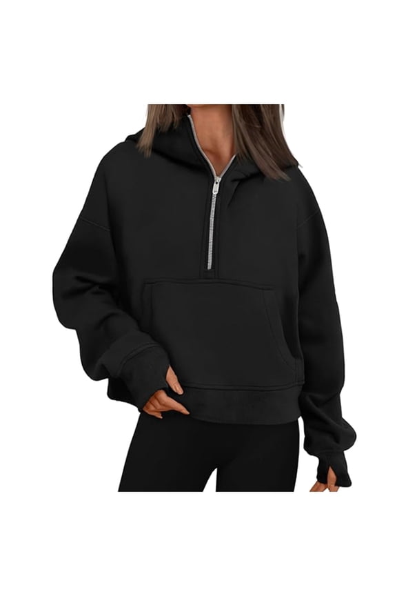 XIOANU Womens Hoodies Half Zip Long Sleeve Baggy Hooded Sweatshirt Solid Color Long Sleeve Pleasure Pocket Hoodie