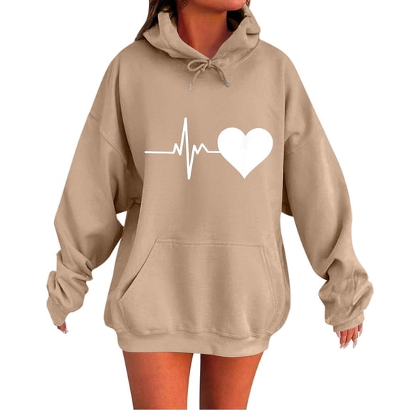 XIOANU Womens Hoodies Heart Print Long Sleeve Hooded Pullover Hoodied Trendy Baggy Leisure Hoodie Sweatshirt With Pockets