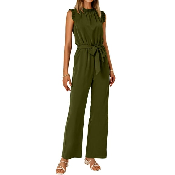 FreshPretty Jumpsuits For Women Dressy Summer One Piece Sleeveless Ruffle Mock Neck Belt Pockets Formal Wide Leg Pants Romper