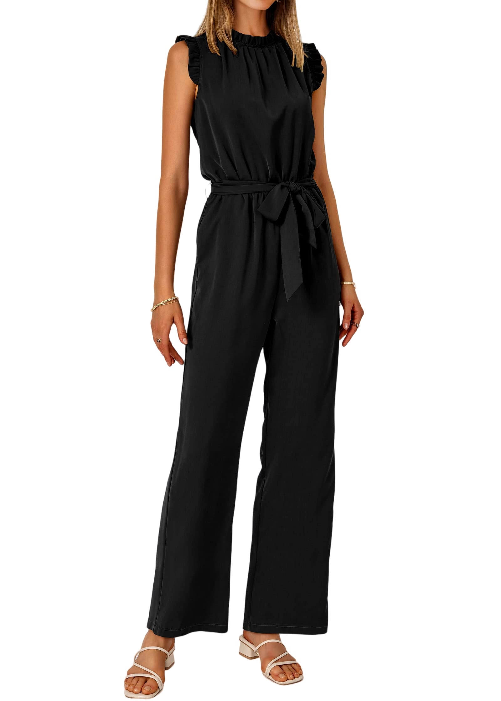 Women's Crew Neck Sleeveless Dressy Jumpsuit With Pockets