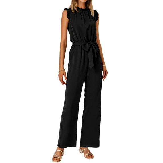 FreshPretty Jumpsuits For Women Dressy Summer One Piece Sleeveless Ruffle Mock Neck Belt Pockets Formal Wide Leg Pants Romper