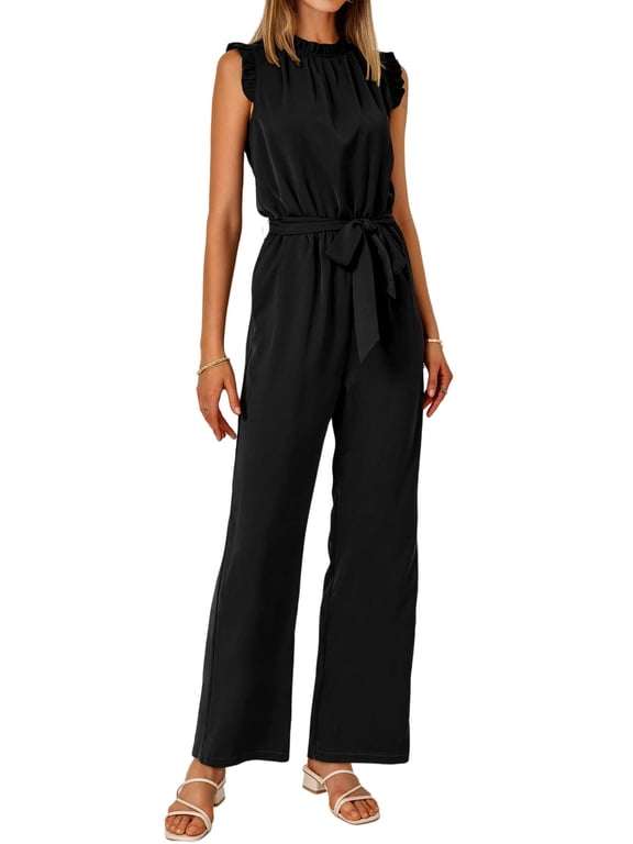 Jumpsuits For Women Dressy Summer One Piece Sleeveless Ruffle Mock Neck Belt Pockets Formal Wide Leg Pants Romper