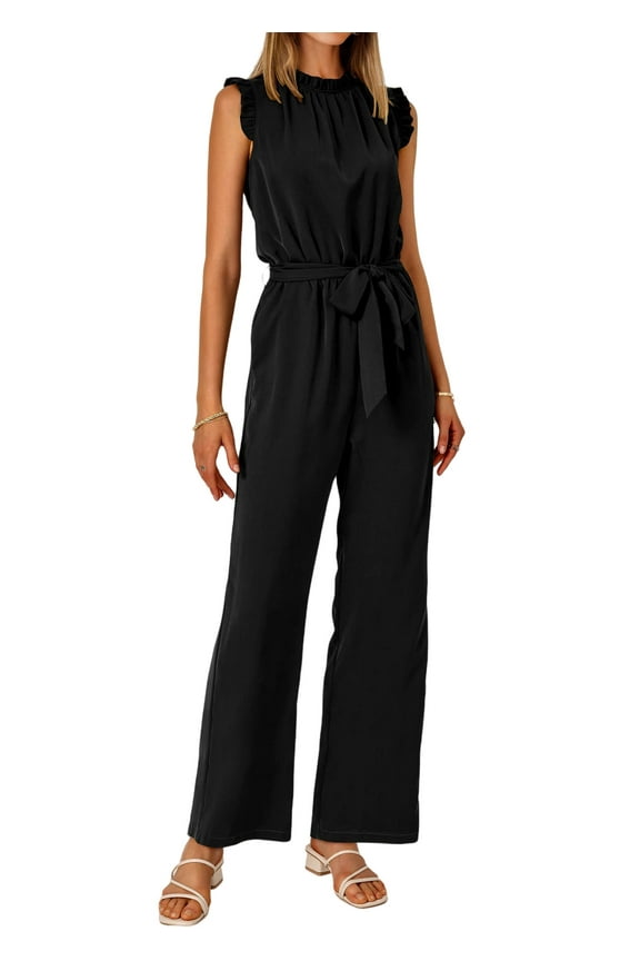 Jumpsuits For Women Dressy Summer One Piece Sleeveless Ruffle Mock Neck Belt Pockets Formal Wide Leg Pants Romper