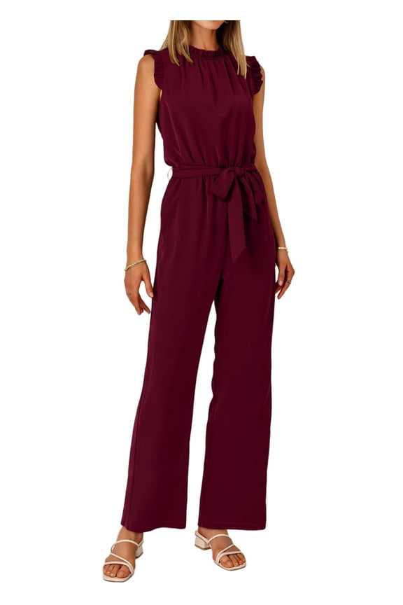 Jumpsuits For Women Dressy Summer One Piece Sleeveless Ruffle Mock Neck Belt Pockets Formal Wide Leg Pants Romper
