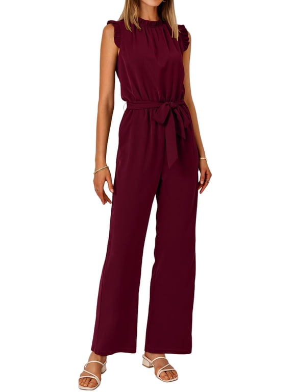 Jumpsuits For Women Dressy Summer One Piece Sleeveless Ruffle Mock Neck Belt Pockets Formal Wide Leg Pants Romper
