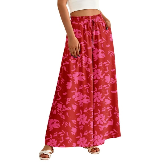 FreshPretty Women Casual High Waist Wide Leg Pants Summer Floral Solid Long Palazzo Pants Lounge Beach Trousers with Pocket