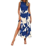 Women Casual Sleeveless Summer Dresses Spring Crewneck Patchwork Boho Floral Ruffle Cocktail Party Midi Dress