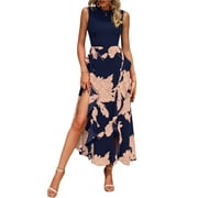 FRESHPRETTY Women Casual Sleeveless Summer Dresses Spring Crewneck Patchwork Boho Floral Ruffle Cocktail Party Midi Dress