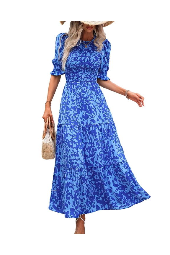 Women Casual Summer Dresses Spring Crew Neck Ruffle Short Sleeve Floral Print Smocked Boho Flowy Maxi Dress