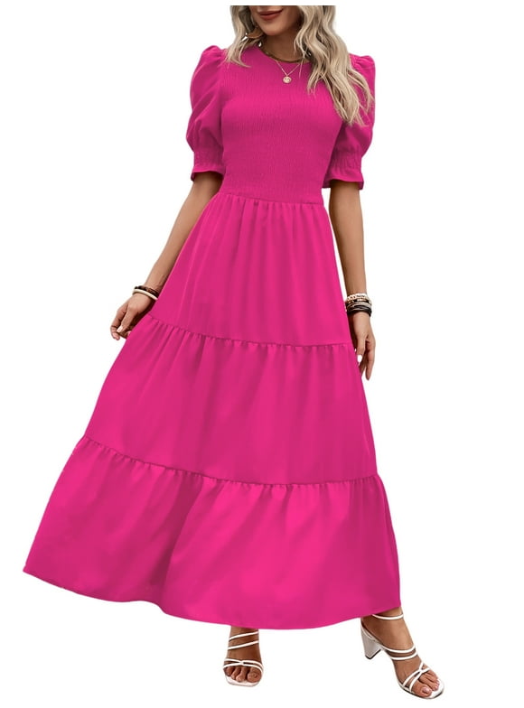 Women Casual Summer Dresses Spring Crew Neck Ruffle Short Sleeve Floral Print Smocked Boho Flowy Maxi Dress