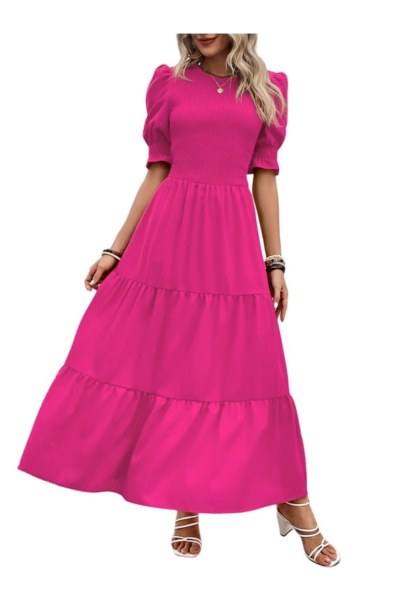 Women Casual Summer Dresses Spring Crew Neck Ruffle Short Sleeve Floral Print Smocked Boho Flowy Maxi Dress