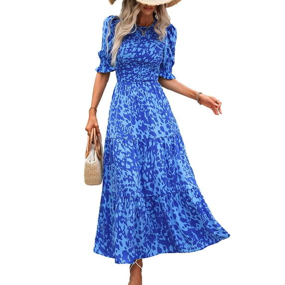 FreshPretty Women Casual Summer Dresses Spring Crew Neck Ruffle Short Sleeve Floral Print Smocked Boho Flowy Maxi Dress