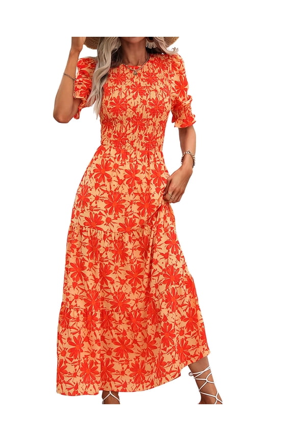 Women Casual Summer Dresses Spring Crew Neck Ruffle Short Sleeve Floral Print Smocked Boho Flowy Maxi Dress