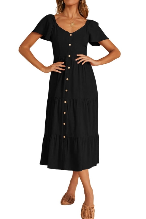 Women Spring Summer Casual Linen Short Sleeve Midi Dress Button V Neck Tiered Vacation Sundress with Pockets