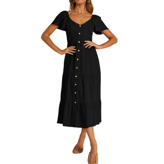 FreshPretty Women Spring Summer Casual Linen Short Sleeve Midi Dress Button V Neck Tiered Vacation Sundress with Pockets