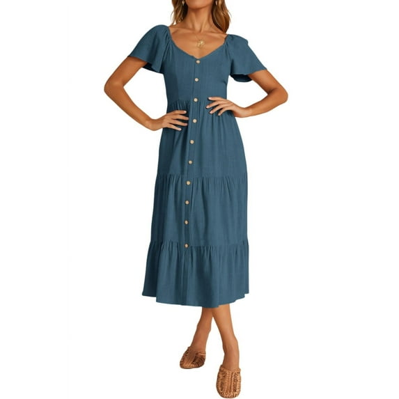FreshPretty Women Spring Summer Casual Linen Short Sleeve Midi Dress Button V Neck Tiered Vacation Sundress with Pockets