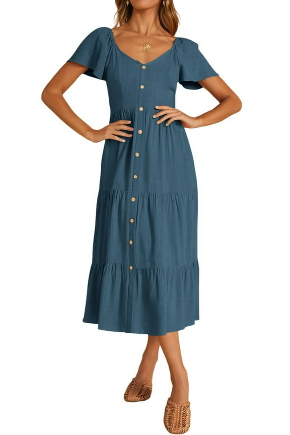 Women Spring Summer Casual Linen Short Sleeve Midi Dress Button V Neck Tiered Vacation Sundress with Pockets
