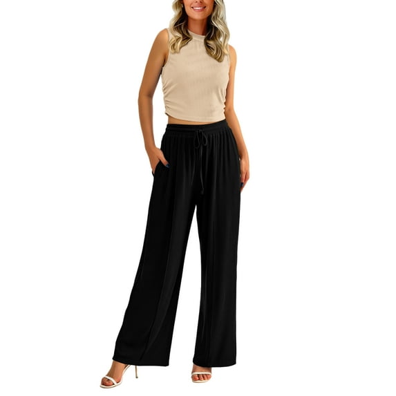 FreshPretty Women Summer 2 Piece Outfits Ribbed Knit Crew Neck Sleeveless Cropped Top Elastic Waist Wide Leg Pants Lounge Set