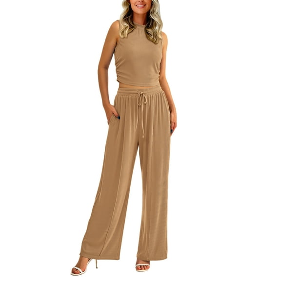 FreshPretty Women Summer 2 Piece Outfits Ribbed Knit Crew Neck Sleeveless Cropped Top Elastic Waist Wide Leg Pants Lounge Set