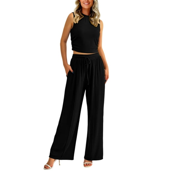 FreshPretty Women Summer 2 Piece Outfits Ribbed Knit Crew Neck Sleeveless Cropped Top Elastic Waist Wide Leg Pants Lounge Set