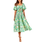 FRESHPRETTY Women Summer Dresses Casual Flowy Beach Square Neck Puff Short Sleeve Smocked Back Boho Floral Long Maxi Dress